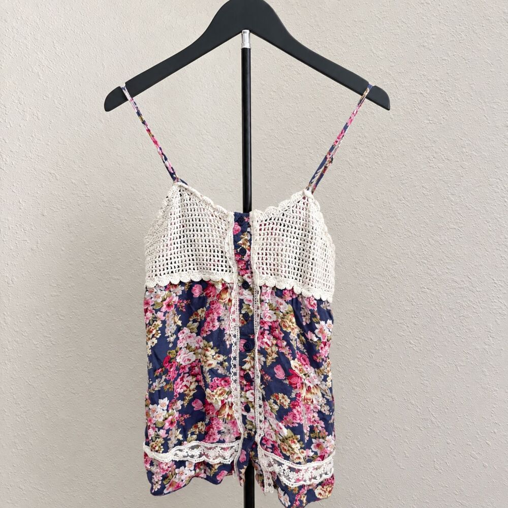 Y2K Floral Crochet Lace Babydoll Cami Top Size Large